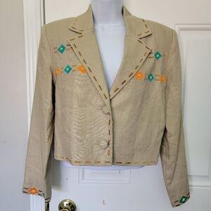 Adam Douglass Adrianna Papell 100% Linen Embroidered Southwest Women's Jacket S